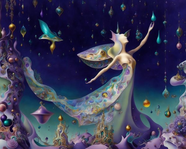 Ethereal Figure with Wings in Dreamlike Landscape