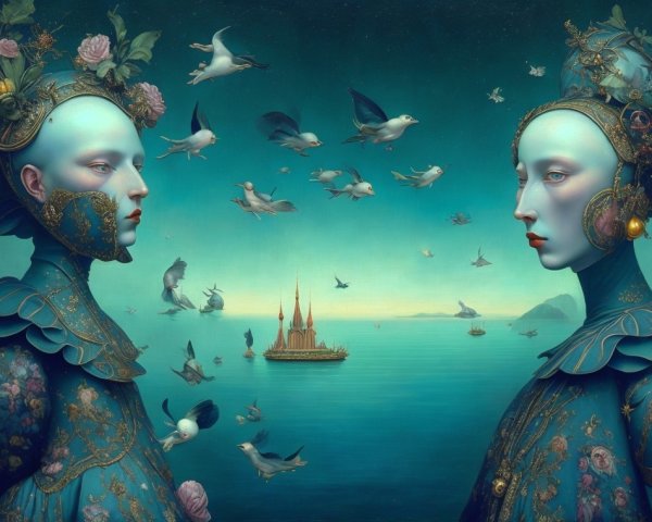 Ethereal Figures in Blue Garments with Seascape Background