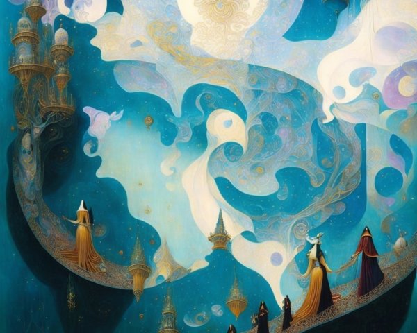 Surreal Landscape with Ethereal Figures and Towers