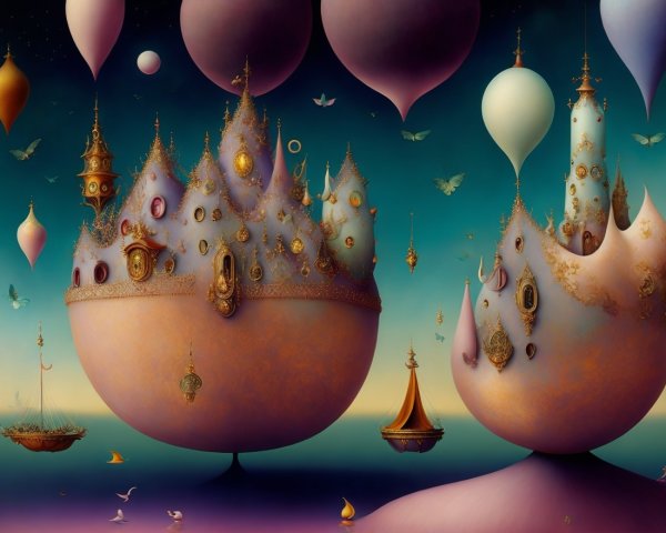 Surreal Landscape with Floating Islands and Balloons