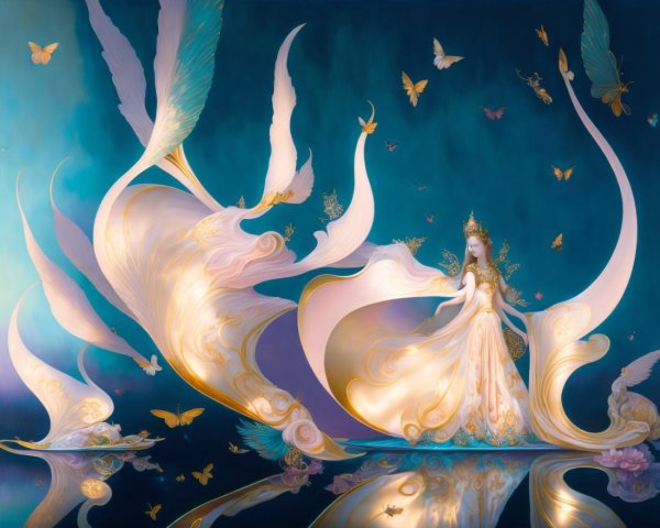 Ethereal Figure in Flowing Gown with Butterflies