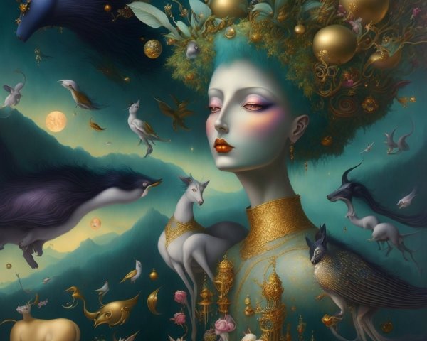 Surreal Portrait of Woman with Vibrant Headdress