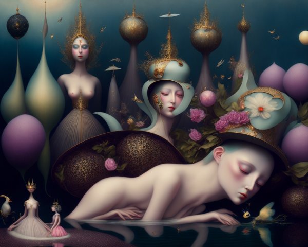 Surreal Scene with Ethereal Figures and Fantastical Plants