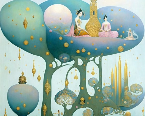 Surreal Dreamlike Landscape with Ethereal Figures