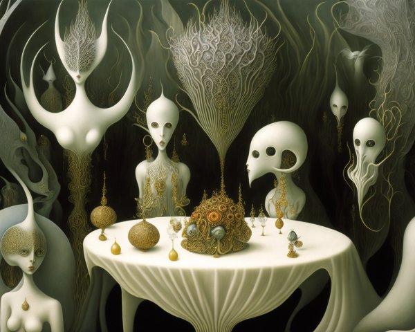 Surreal Gathering of Ethereal Figures in Mystical Setting