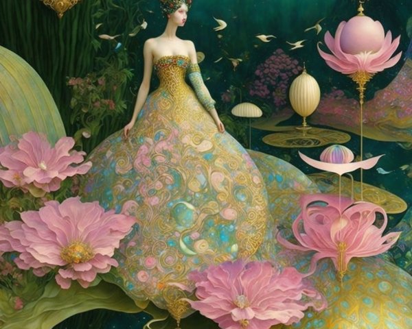 Fantastical Scene with Floral Patterns and Whimsical Elements