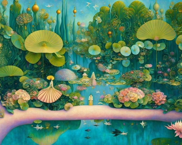 Surreal Landscape with Lush Greenery and Colorful Flora