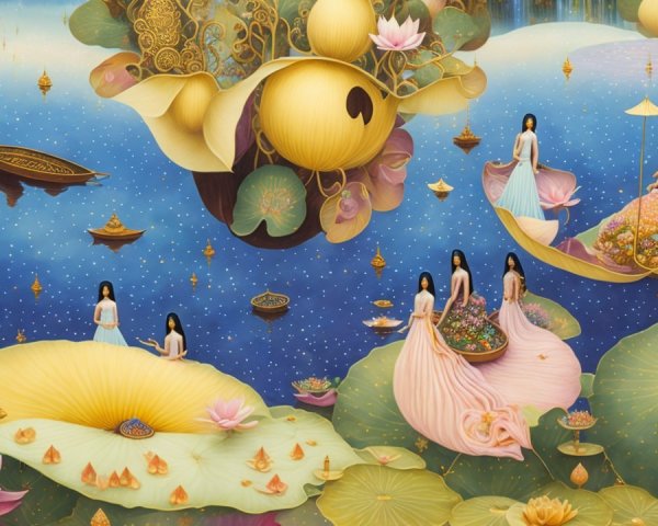 Surreal Landscape with Ethereal Figures and Lotus Flowers