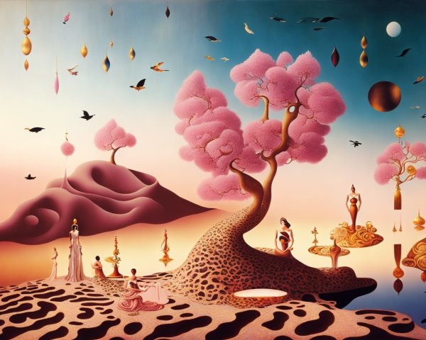 Surreal Landscape with Pink Trees and Ethereal Figures