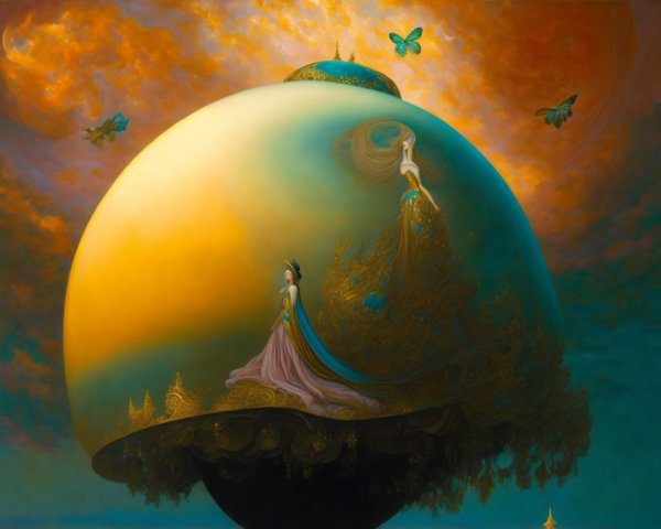 Surreal Painting of Ethereal Figures on Vibrant Orb
