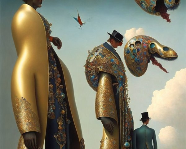 Surreal Artwork of Elegantly Dressed Figures and Creatures