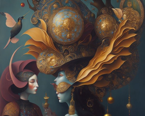 Ethereal Figures in Intricate Headpieces Amidst Landscape