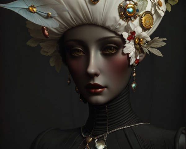 Ethereal Figure with Floral Headpiece and Elegant Outfit