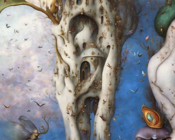 Fantastical Scene with Magical Tree and Colorful Sky