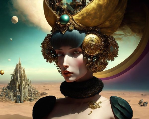 Regal Figure in Surreal Futuristic Landscape