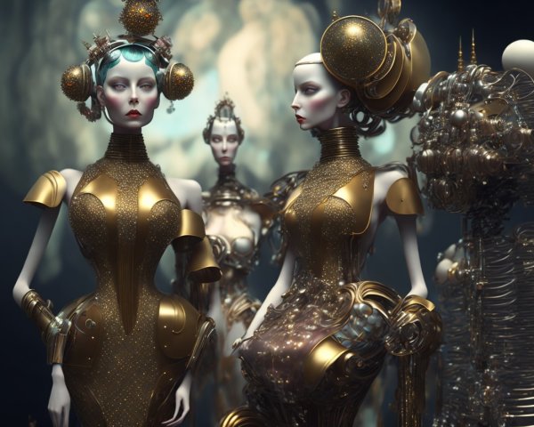 Futuristic Figures in Gold-Toned Attire and Makeup
