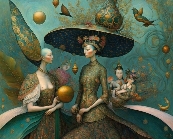 Elegant Female Figures with Mythical Elements in Art