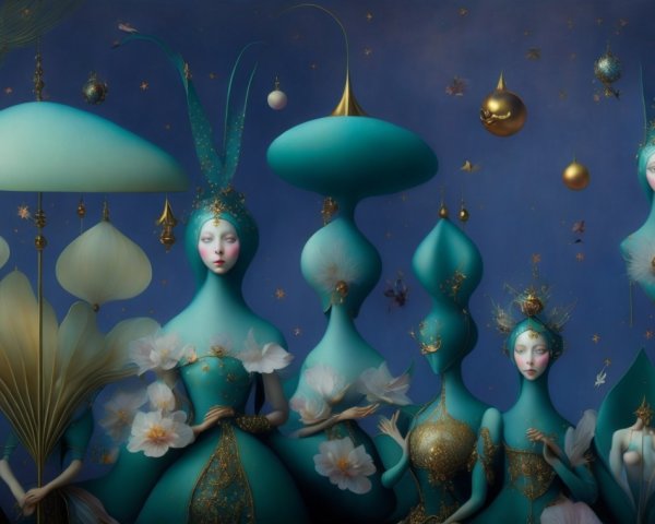 Ethereal Figures with Surreal Elements in Blue Tones