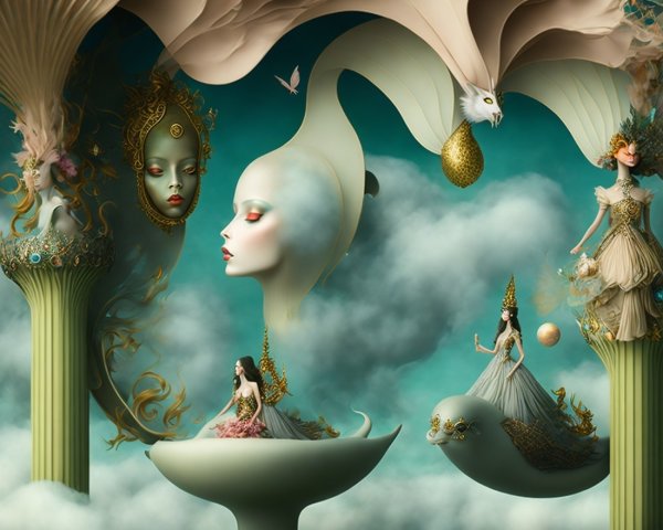 Surreal landscape with whimsical structures and ethereal face
