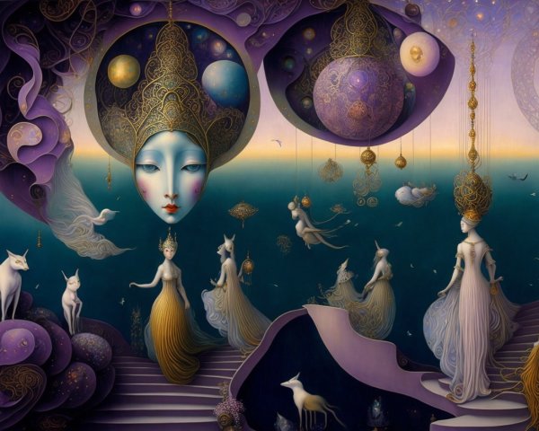Surreal Landscape with Ethereal Figures and Creatures