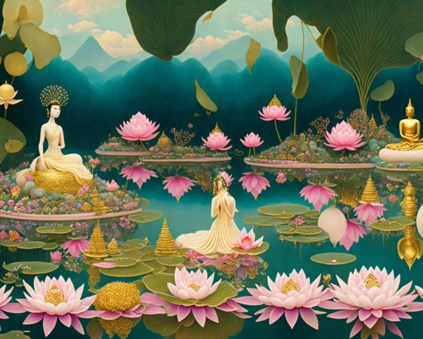 Serene landscape with figures on blooming lotus flowers