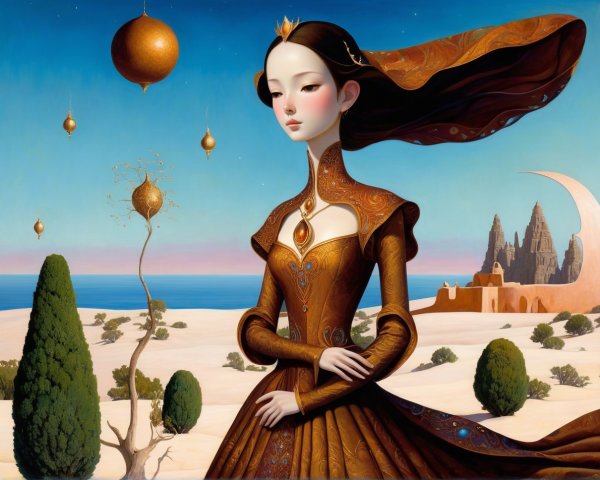 Serene woman in ornate gown amid surreal landscape