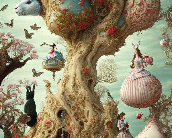 Whimsical Landscape with Surreal Trees and Rabbits