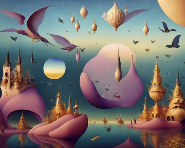 Surreal Landscape with Whimsical Architecture and Colors