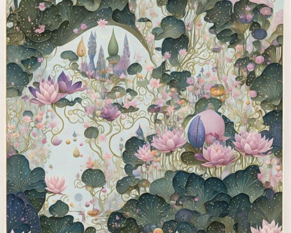 Whimsical Landscape with Lotus Flowers and Castles