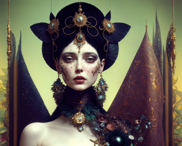 Regal figure with jewel accessories and ornate headpiece