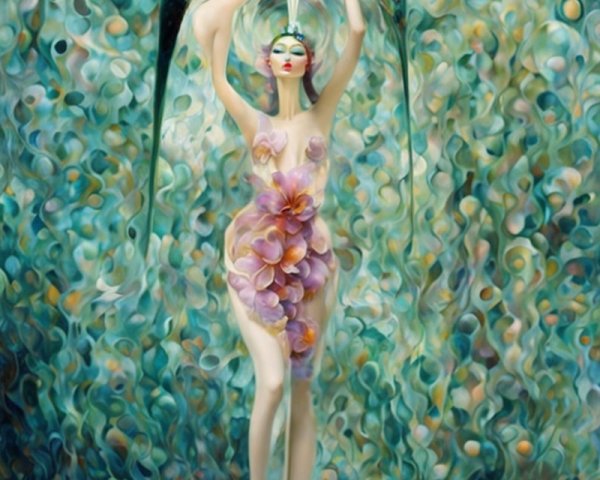Woman Surrounded by Flowers Under Waterfall Scene