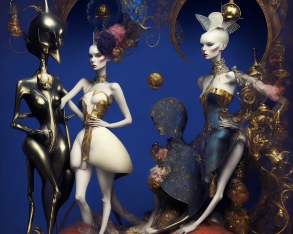 Avant-Garde Mannequins with Metallic Outfits and Fantasy Elements