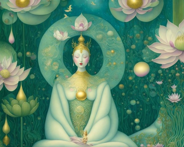 Ethereal Figure Meditating Among Lotus Flowers
