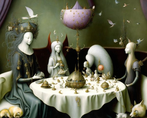 Mystical Gathering of Ethereal Figures at a Table