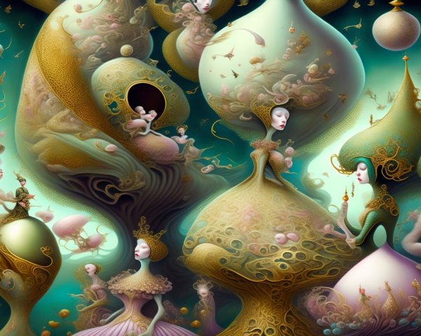Surreal Artwork with Elongated Figures and Dreamlike Colors