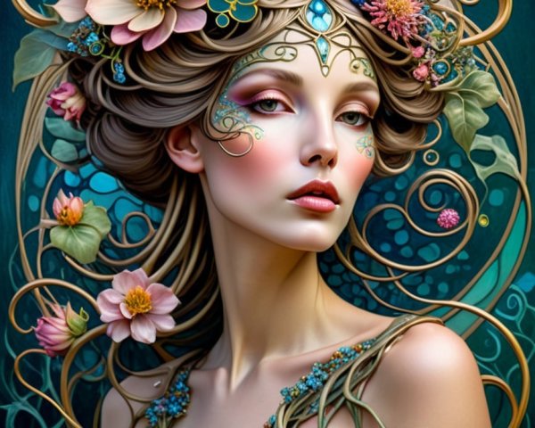 Woman with Floral Headdresses and Elegant Hair