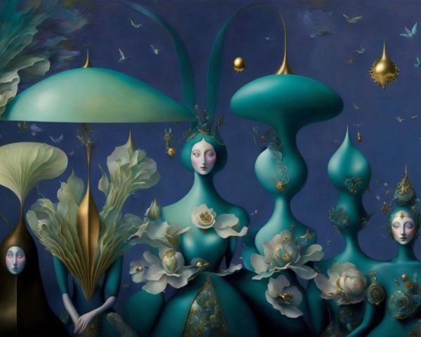 Surreal Artwork of Ethereal Figures in Vibrant Teal