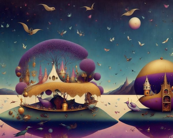 Whimsical Dreamscape with Floating Islands and Twilight Sky