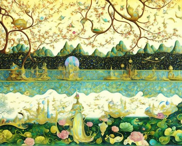 Vibrant Fantastical Landscape with Graceful Figure