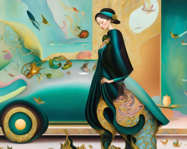 Surreal Scene of Woman in Ornate Garment and Creatures