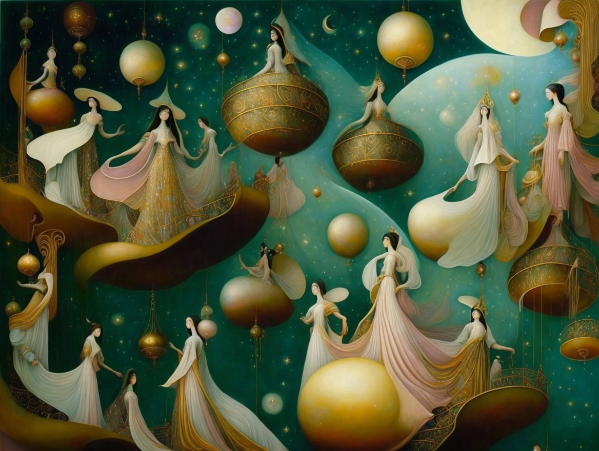 Ethereal Figures Among Celestial Orbs and Skies