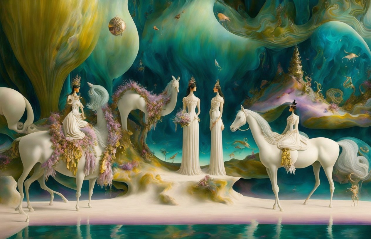 Surreal Landscape with Ethereal Figures and Horses