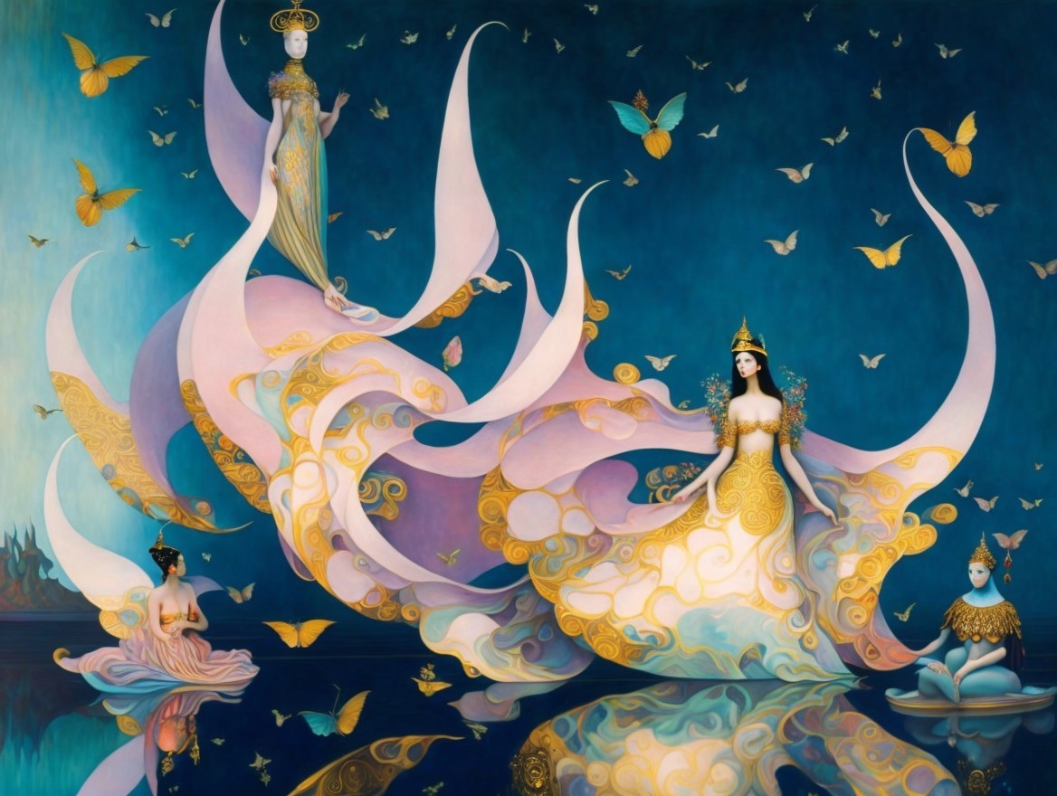 Ethereal Figures in Ornate Gowns with Butterflies