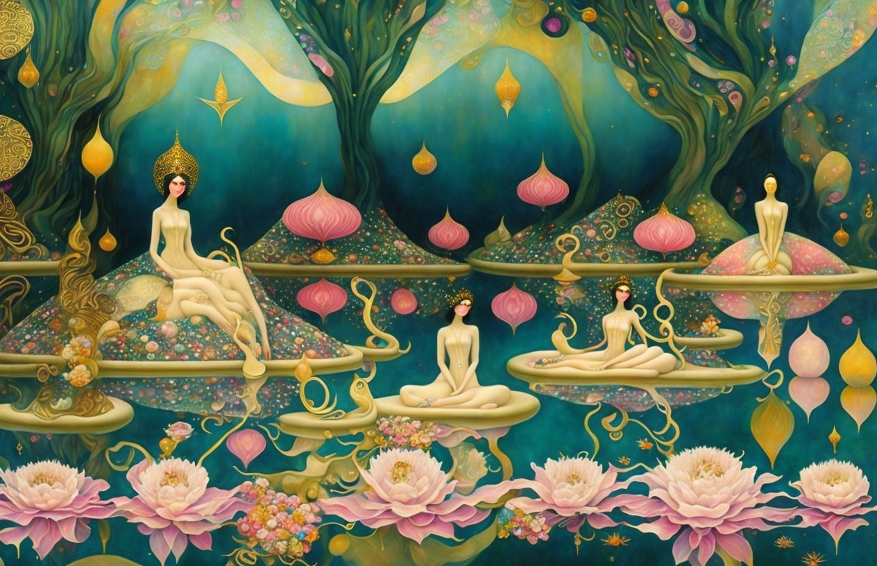 Serene Figures in Ethereal Landscapes with Lotuses