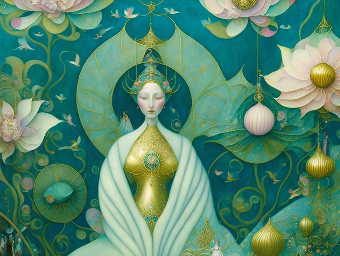 Serene figure in flowing garments with floral elements