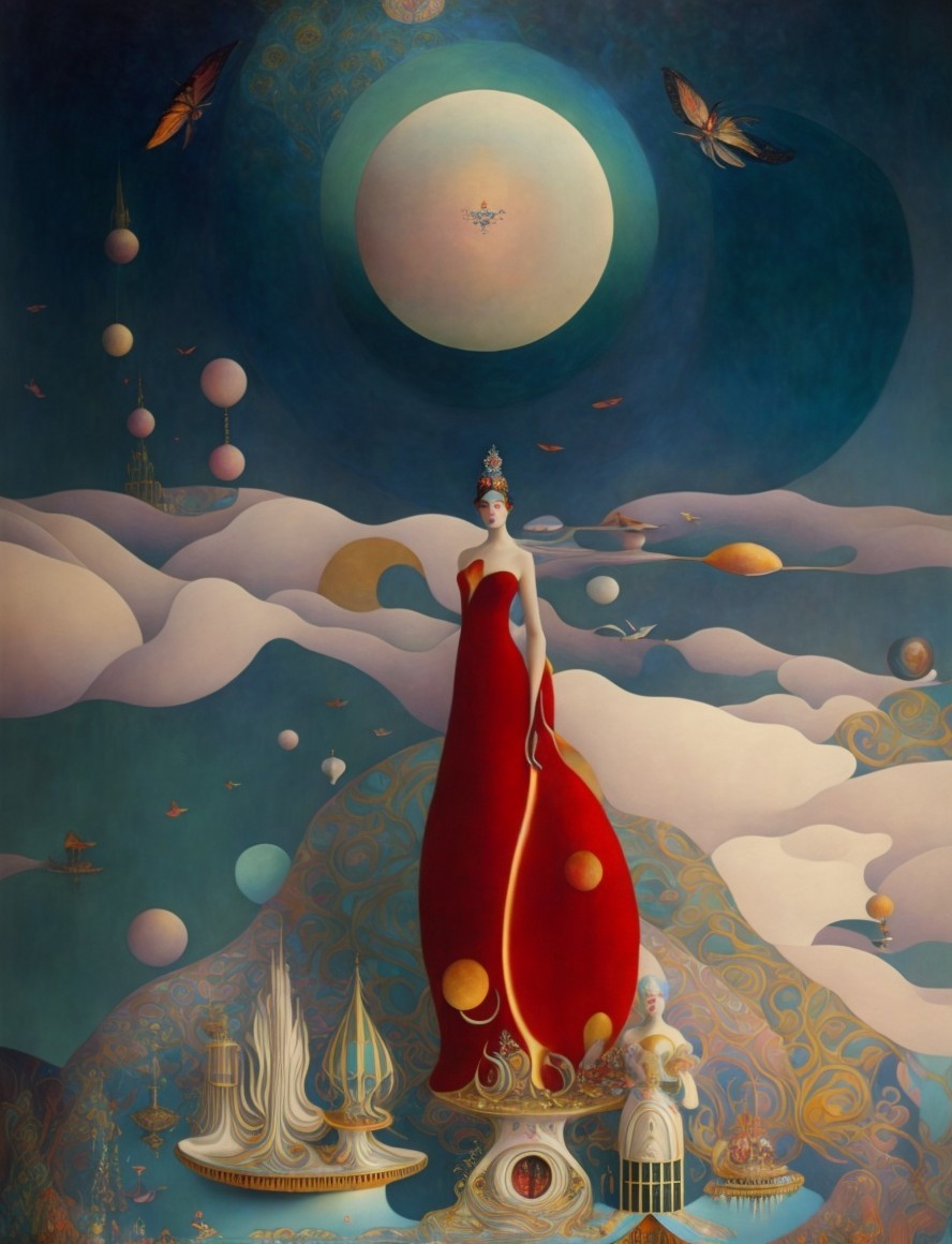 Surreal Painting of a Woman in a Cosmic Landscape