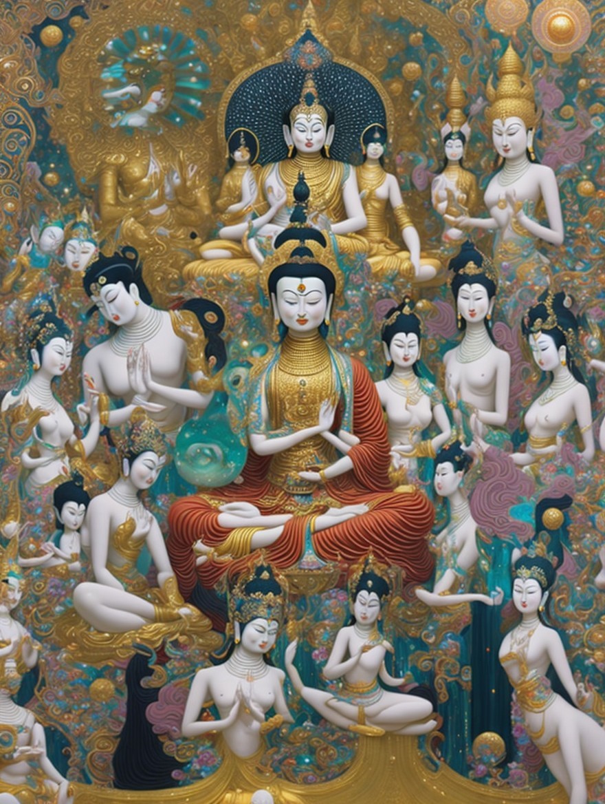 Vibrant Depiction of Serene Bodhisattvas in Detail