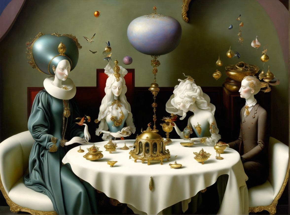 Surreal Tea Party with Opulent Table and Floating Objects
