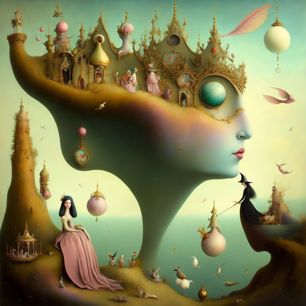 Surreal Artwork Featuring Ethereal Face and Castles