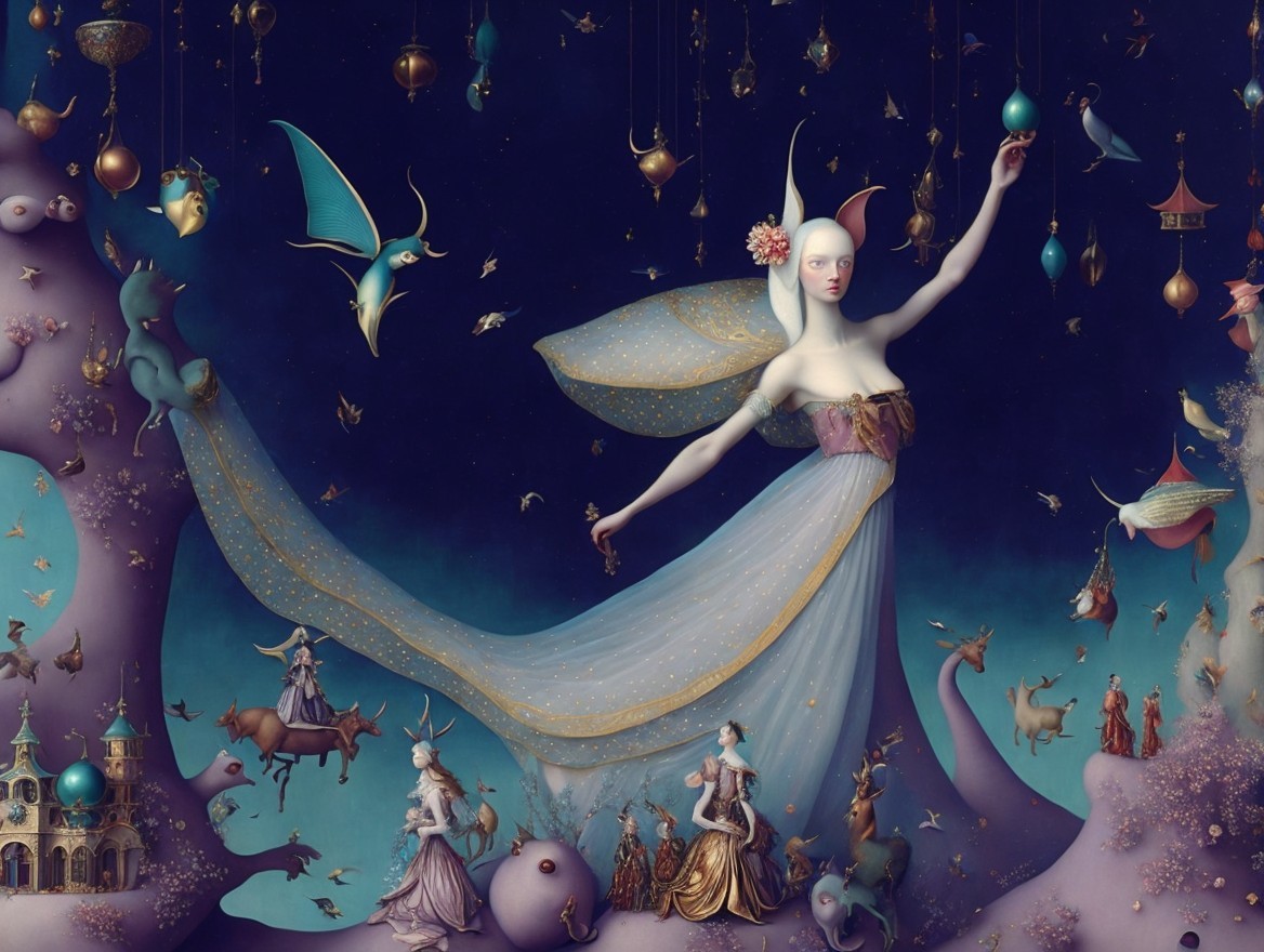 Surreal Scene with Graceful Figure and Whimsical Creatures